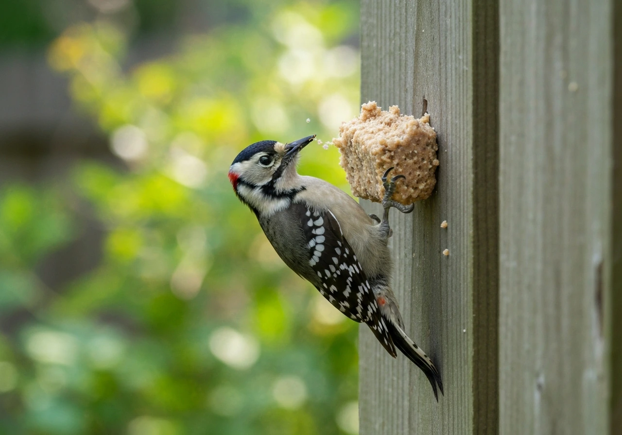 A woodpecker clings to a suet feeder and pecks at the suet in a quiet backyard.