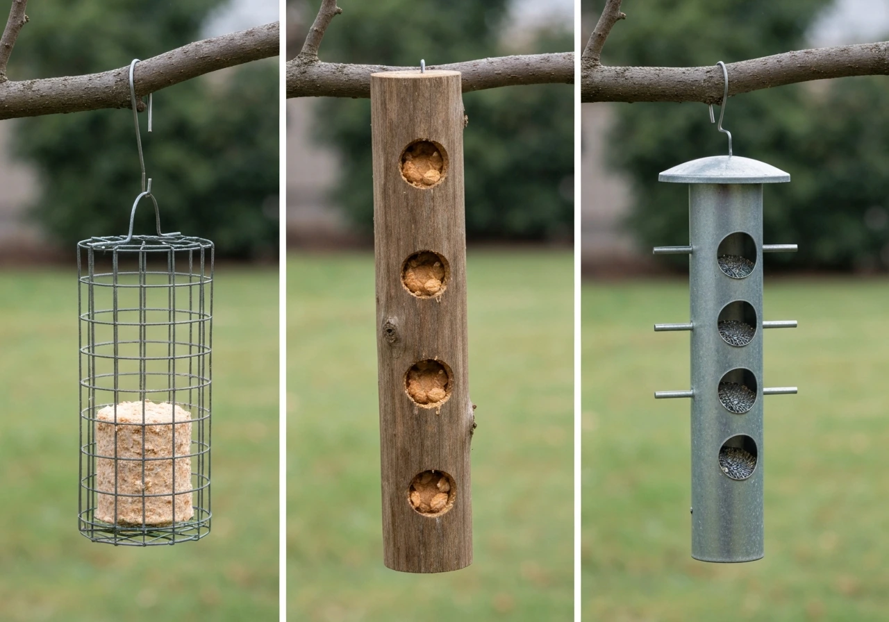 Side-by-side view of wire suet cage, log feeder with filled holes, and tube feeder outdoors.