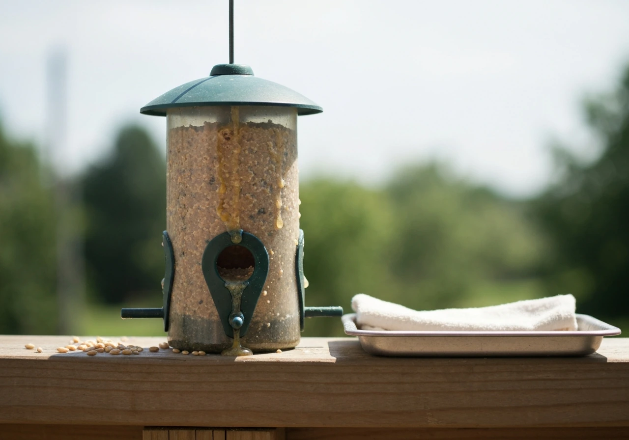 Close-up of a bird suet feeder with sun-melted, discolored dripping fat on a porch railing.