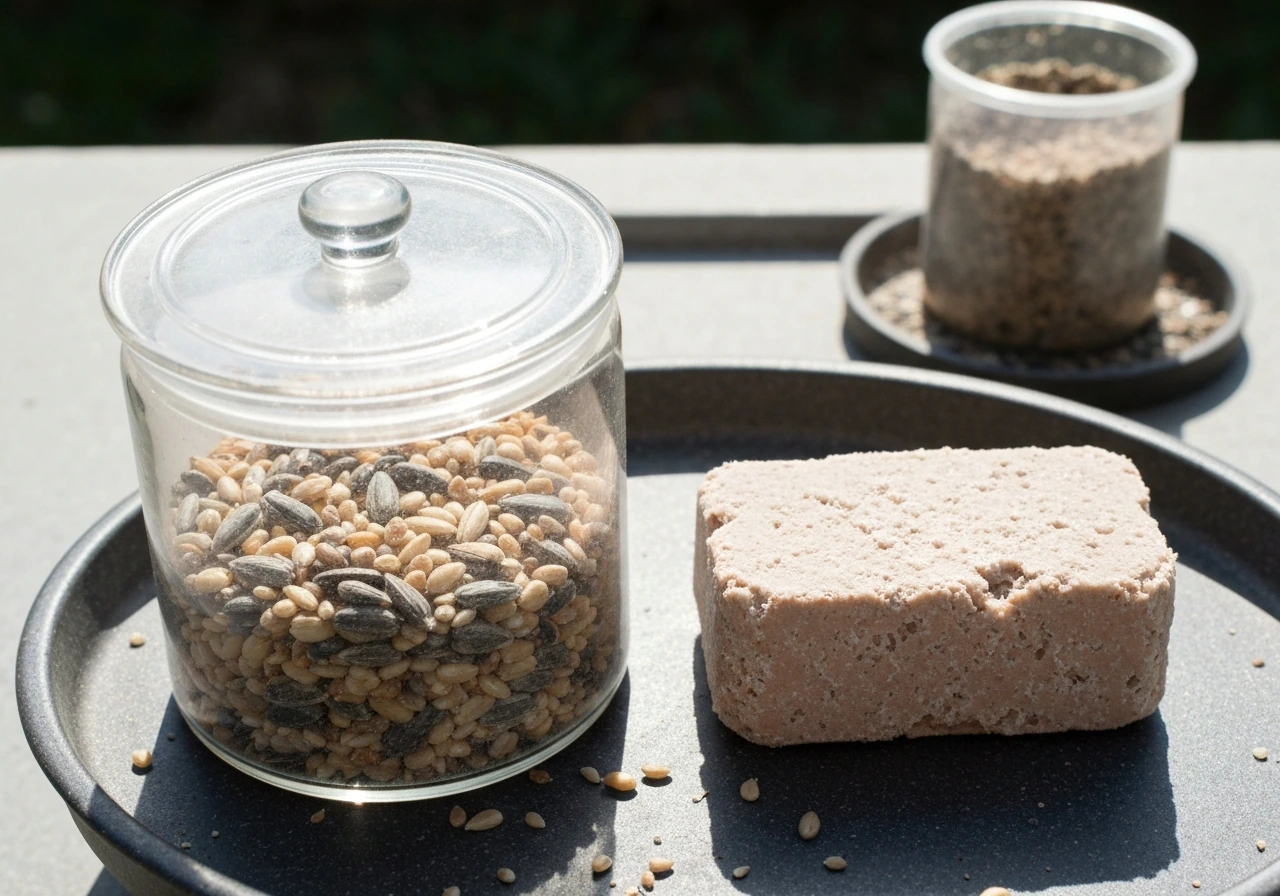 Clean bird seed in a lidded container beside a fresh suet block on a simple feeder tray.