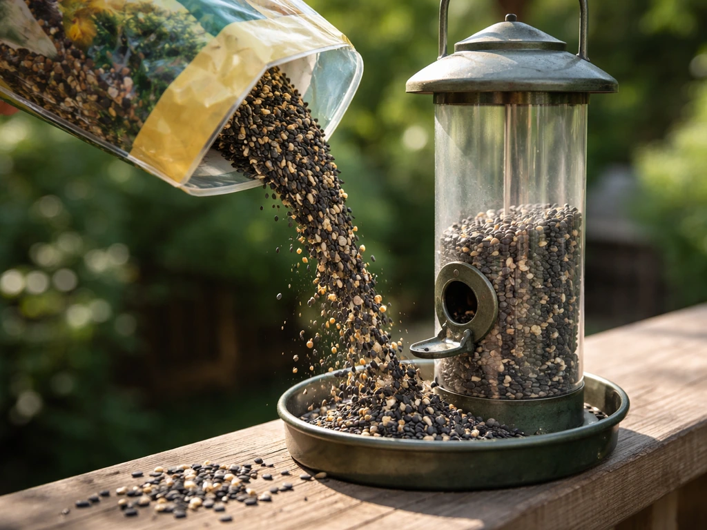 Wild bird seed poured into a backyard feeder beside generic retail packaging, soft natural light, no text.