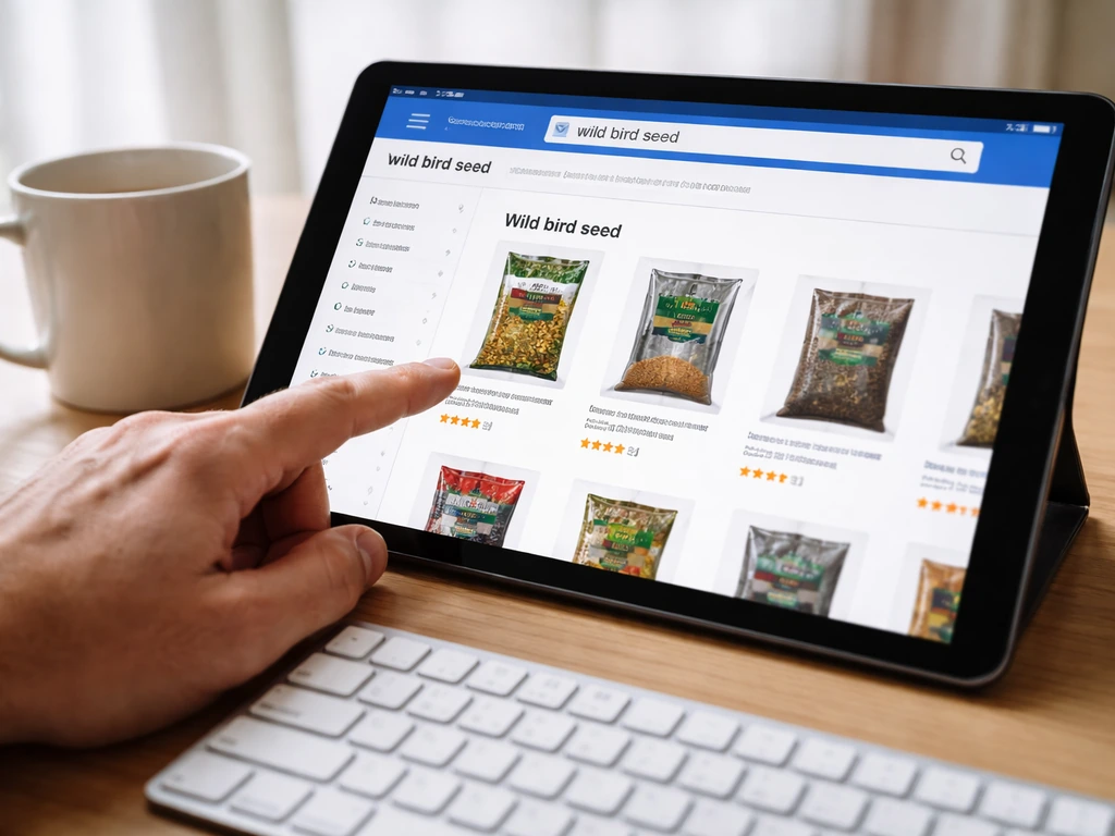 Close-up of a tablet showing an online search for wild bird seed with “Wild Bird Supplies” navigation visible.