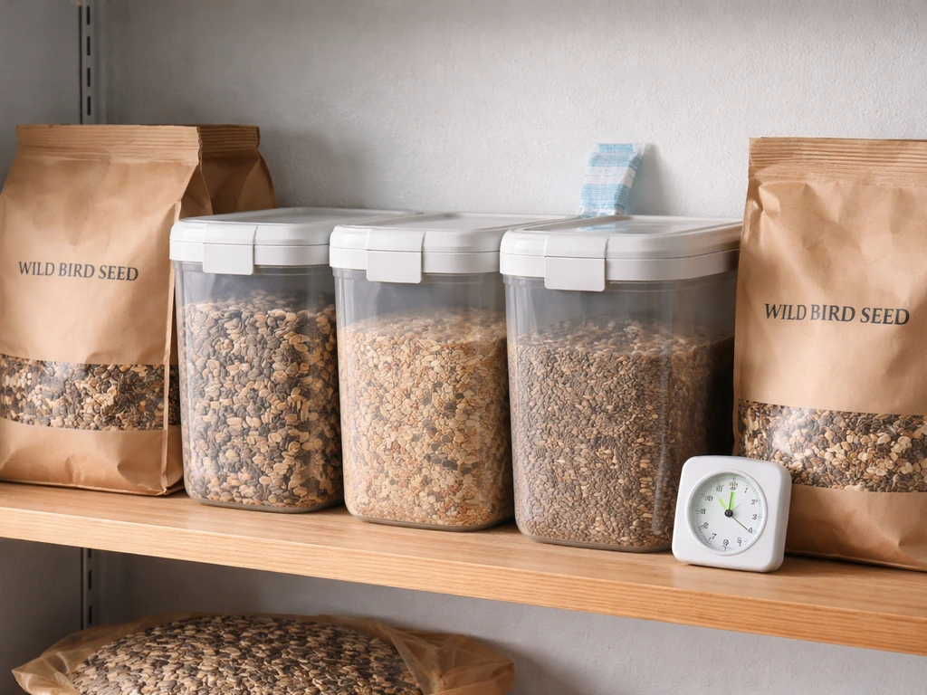 A cool, dry pantry shelf with airtight containers holding wild bird seed bags and a humidity-safe feel.