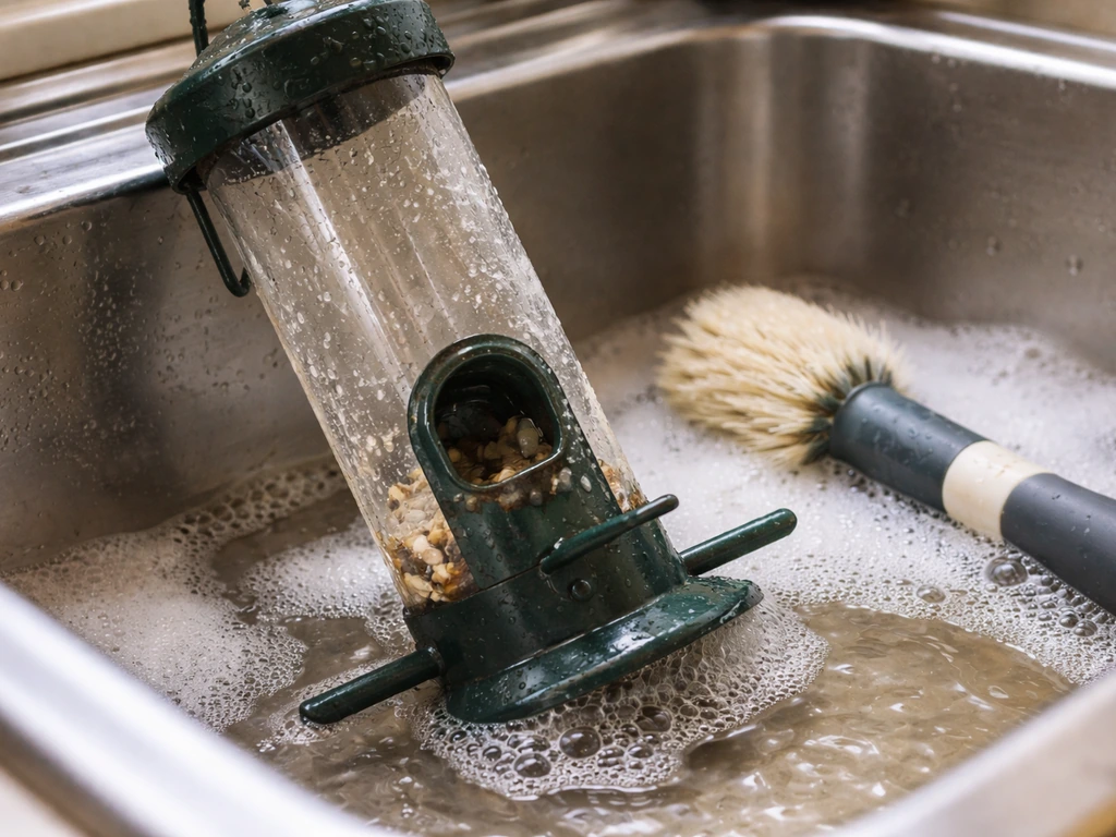 Close-up of a bird feeder on a sink with a scrub brush and warm soapy water cleaning it