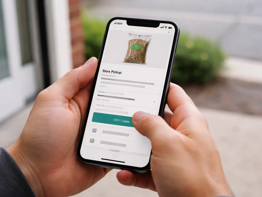 Hands holding a smartphone displaying a ZIP-code store pickup availability flow for bird seed.