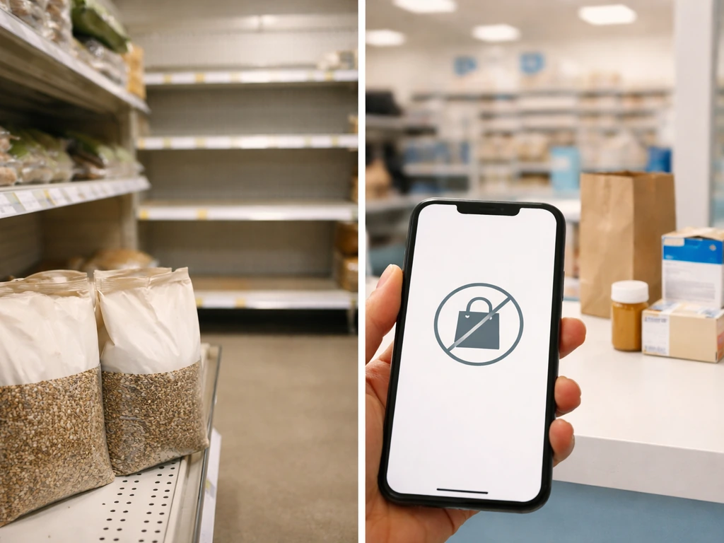 Split view of bird seed on a pet store shelf and an out-of-stock CVS pickup scene with no readable text.