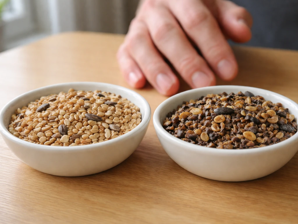 Close-up of two seed samples in separate bowls: fresh nutty-looking seeds vs musty/rancid-looking seeds.