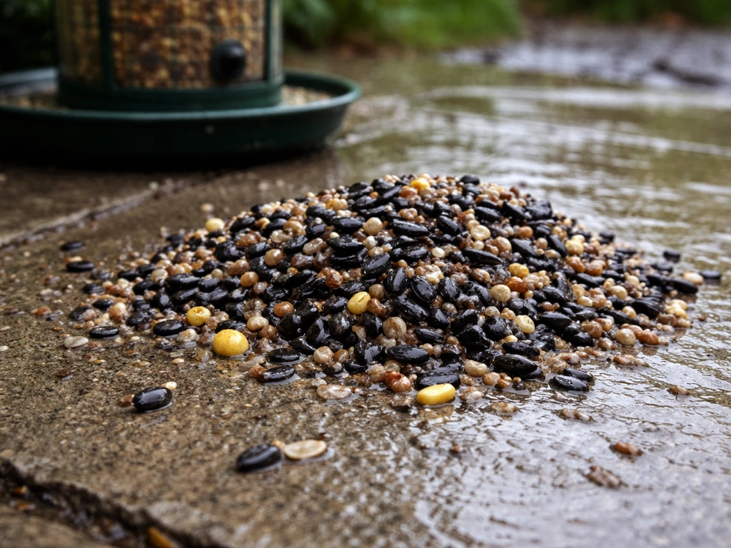 Wet bird seed spilled near a bird feeder with damp clumps and water droplets after rainfall.