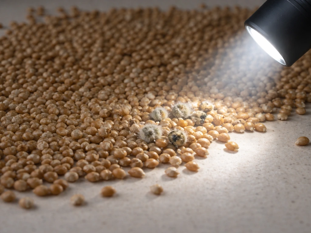 Close-up of inspected seeds on a pale surface with a flashlight revealing fuzzy mold and dark spotting