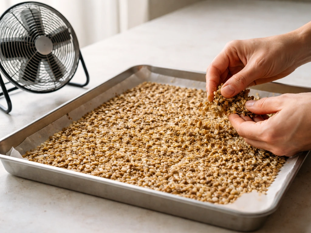Wet seeds spread thinly on a clean tray with a fan drying clumped pieces being re-sorted
