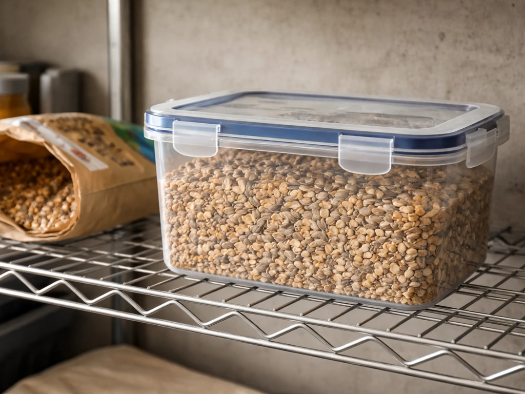 Sealed moisture-resistant seed container on a shelf off the floor with the original bag set aside