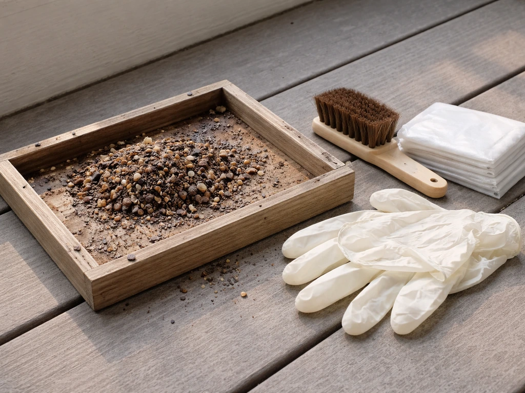 Damp seed in a feeder area with a few small insects and cleaning supplies laid out nearby