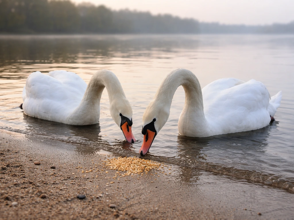 Two mute swans near a calm lakeshore with a small scatter of bird-safe grain on wet sand.