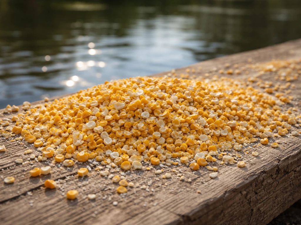 Close-up of cracked corn grains on a wooden surface with a calm pond edge in soft background blur