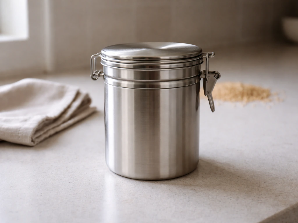 A sealed airtight metal container holding dry seed on a clean counter to prevent mold and sprouting.
