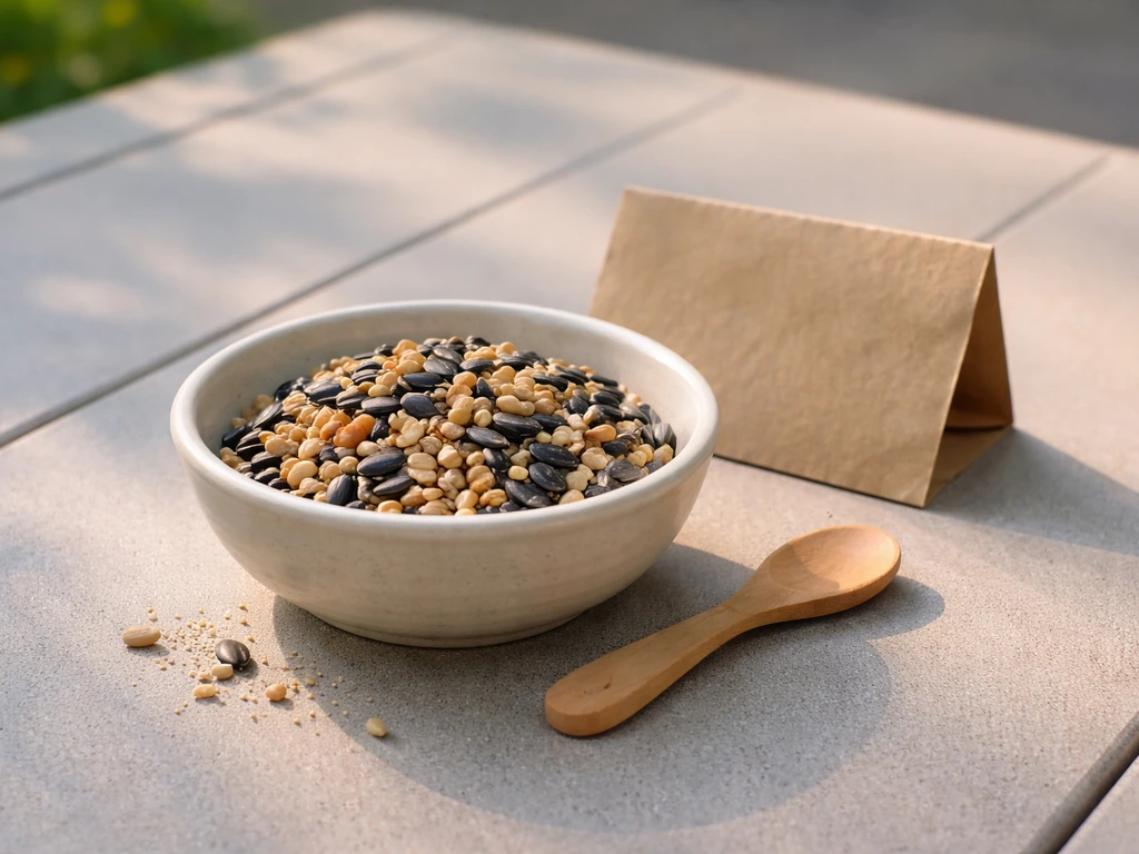 Small measured bird seed in a bowl with a blank kraft paper cue about feeding only what swans will eat