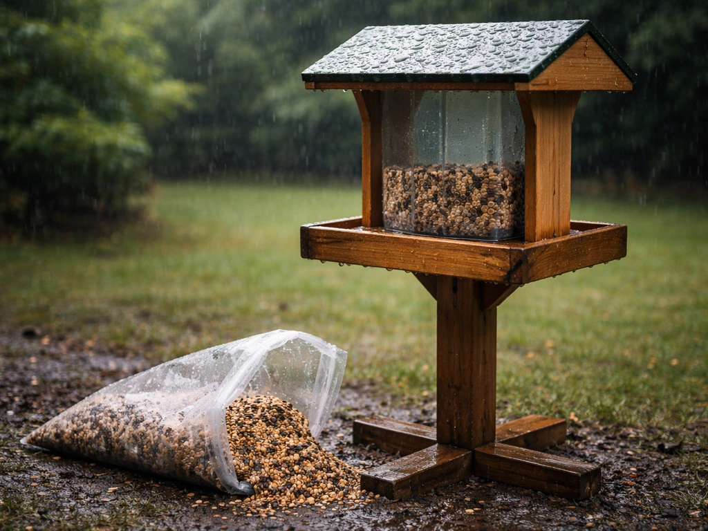 Outdoor bird feeder with visibly damp, clumped bird seed and a wet seed container in light rain.