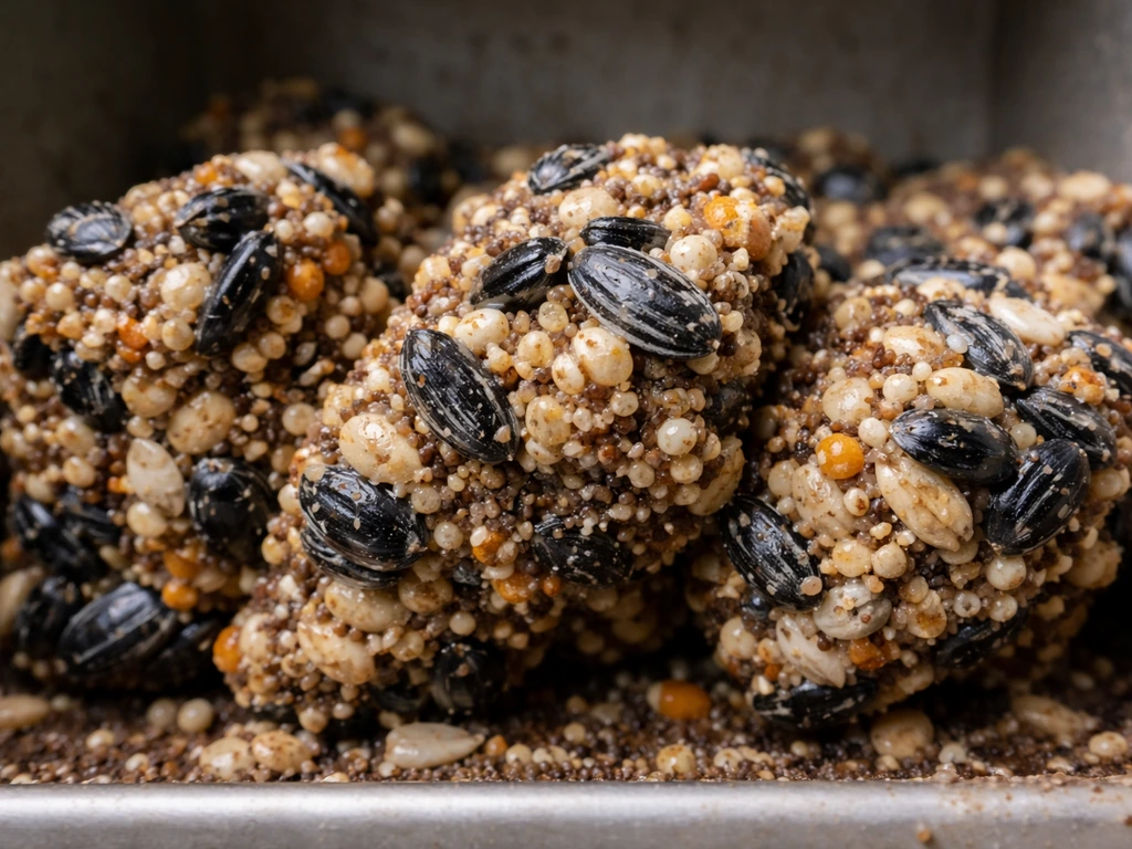 Close-up of wet bird seed clumped into dense masses, suggesting feeder-port blockage.