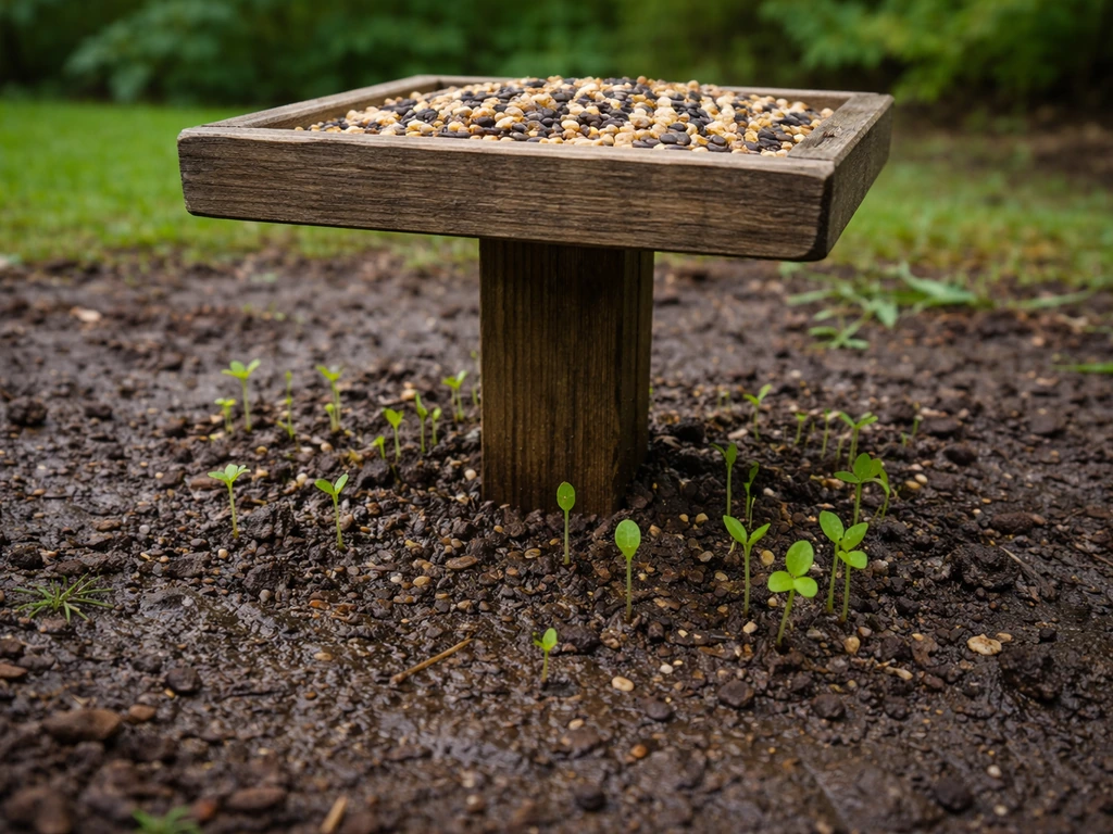 Bird feeder base with wet soil and small green sprouts germinating around and under it.