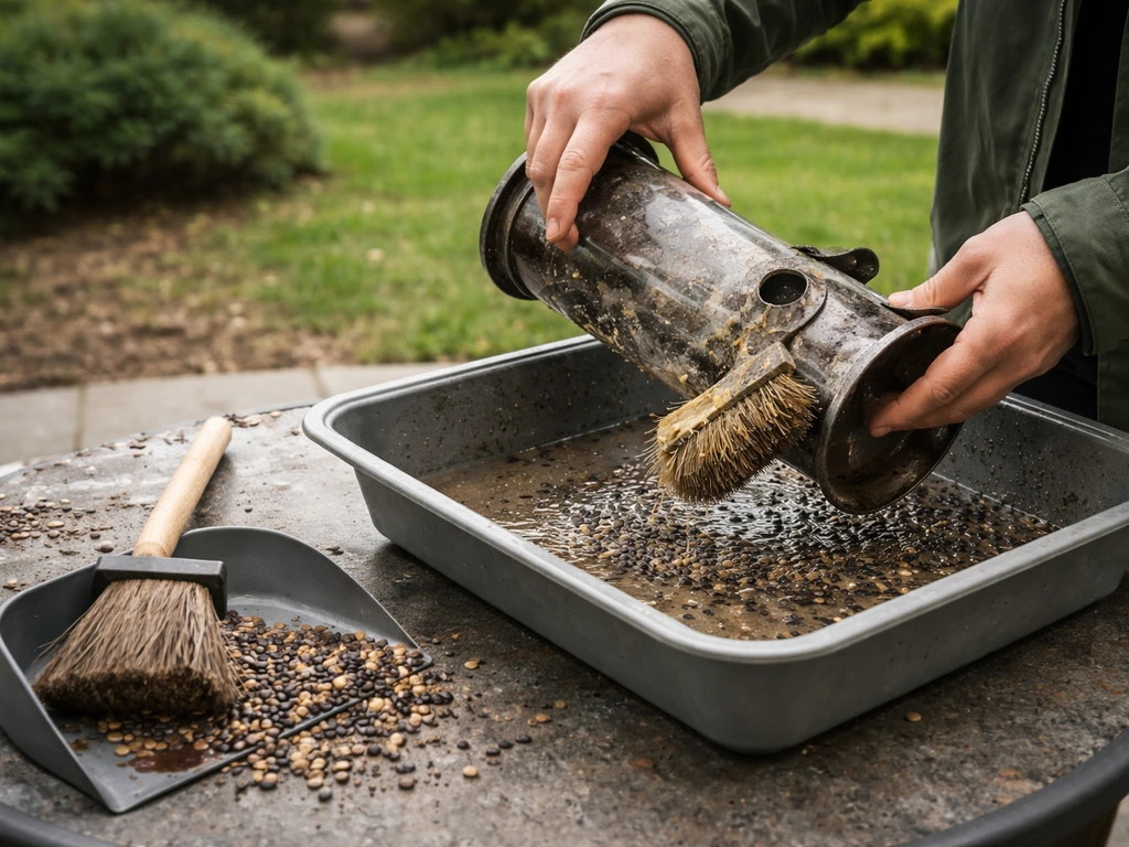 Hands scrubbing an empty bird feeder over a container, wet seed and hulls removed from the ground