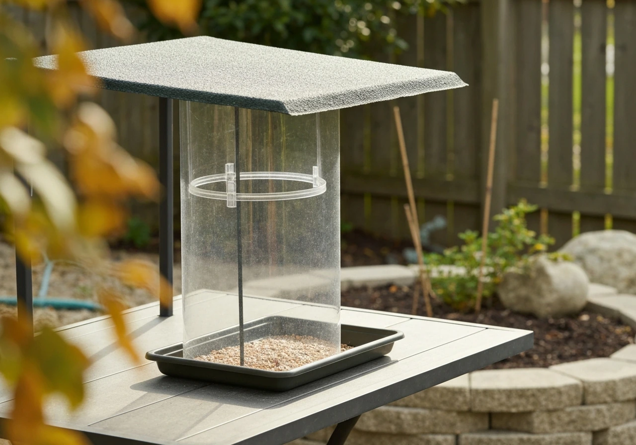 Simple tray feeder with anti-squirrel baffle under a small shelter in a backyard garden