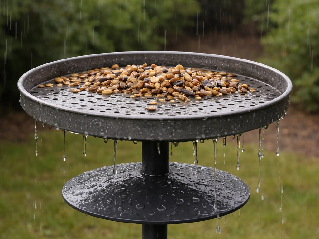Rain runs through a drainage-hole tray feeder mounted on a pole with a baffle, preventing pooling.