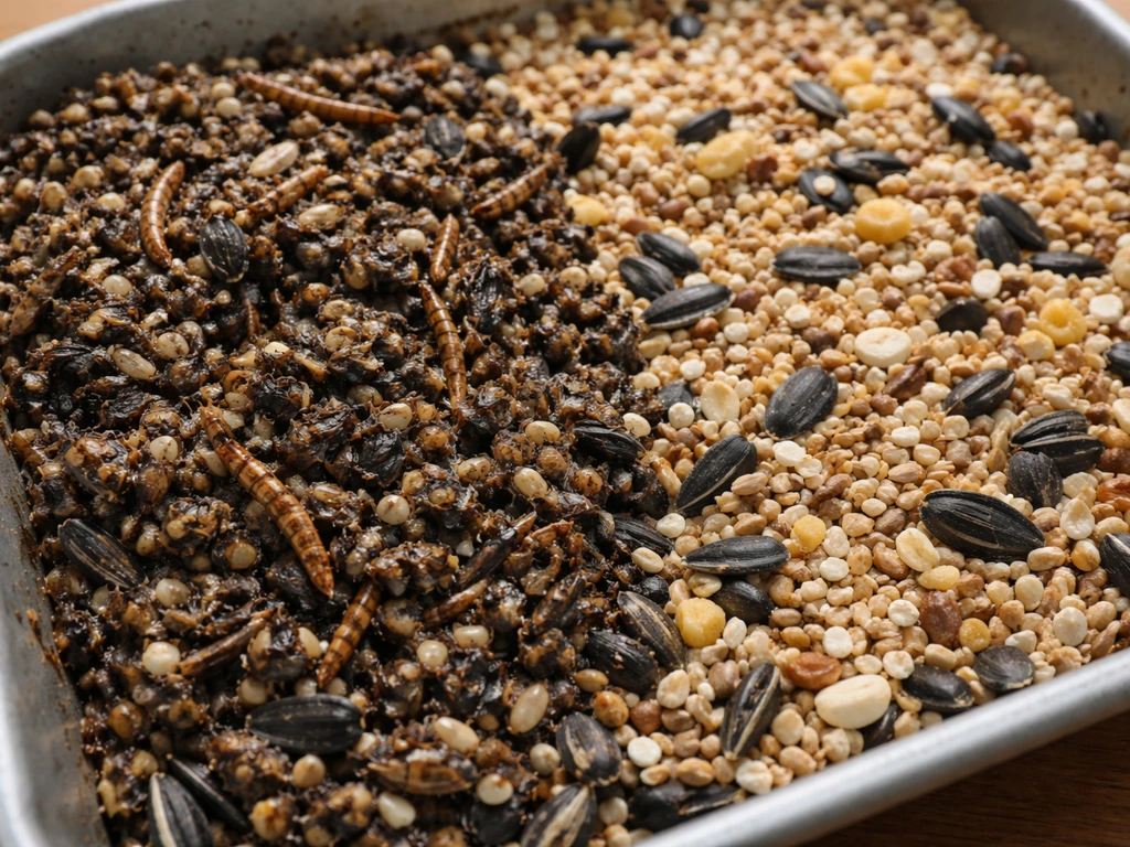 Moist clumped seed and dried mealworms forming a dense mat beside dry loose seed