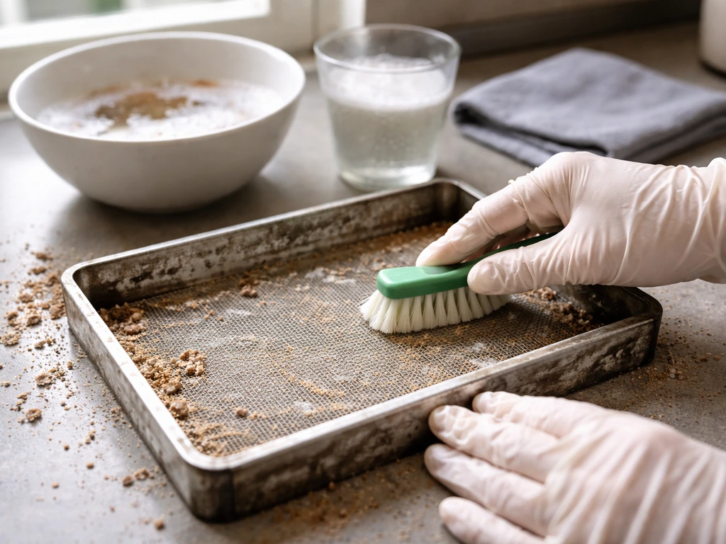 Gloved hands emptying and scrubbing a bird feeder tray with a brush and soaking gear in a clean setup.