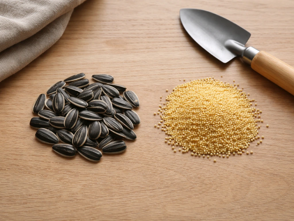 Flat-lay of sunflower seeds and millet seeds on a wooden table with simple gardening props.