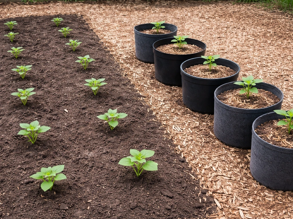 Split view of sunflower ground bed spacing vs single seedlings in large 5-gallon containers.