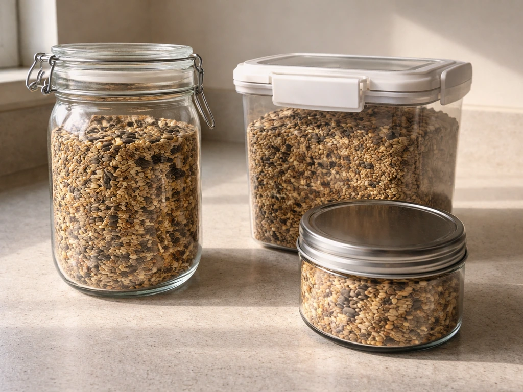 A glass jar, locking plastic bin, and metal tin filled with dry bird seed, tightly sealed.