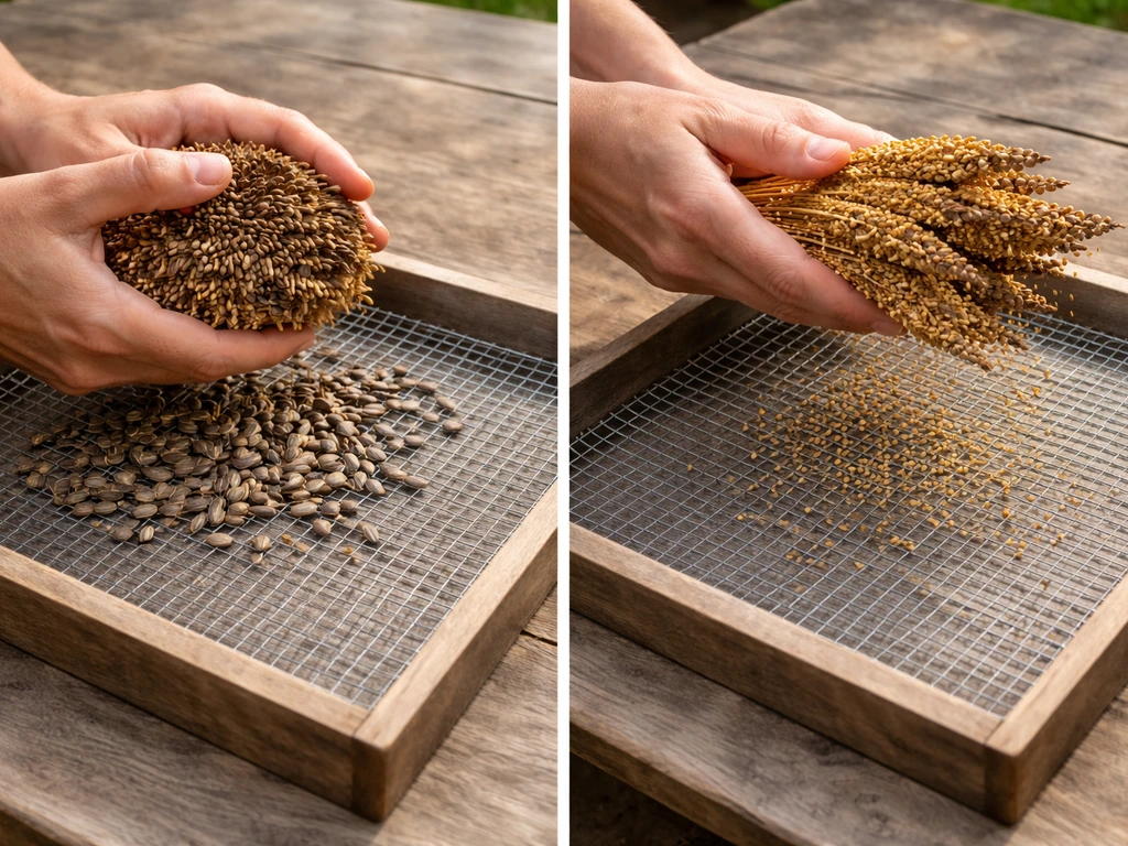 Hands rub dried sunflower head over wire mesh, seeds falling through the screen; minimal tabletop scene.