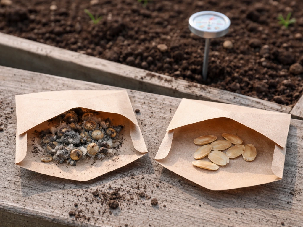Close-up of moldy wet seeds and clean dry seeds beside a soil thermometer in garden soil.