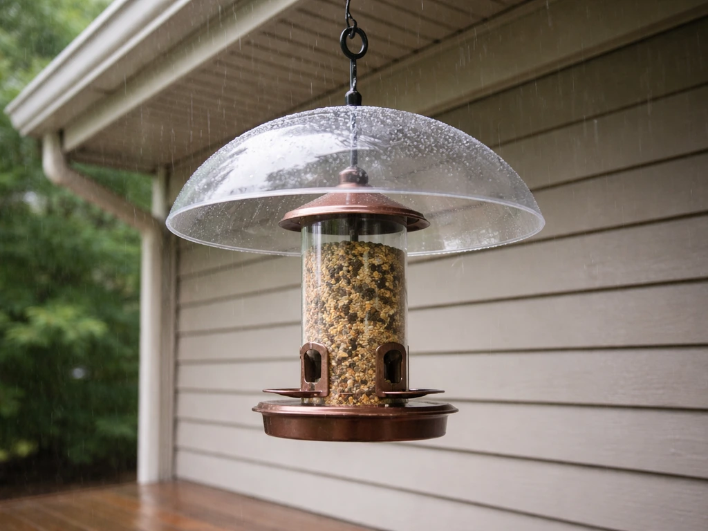 Bird feeder mounted under a roof overhang with a weather baffle/dome blocking rain splash.