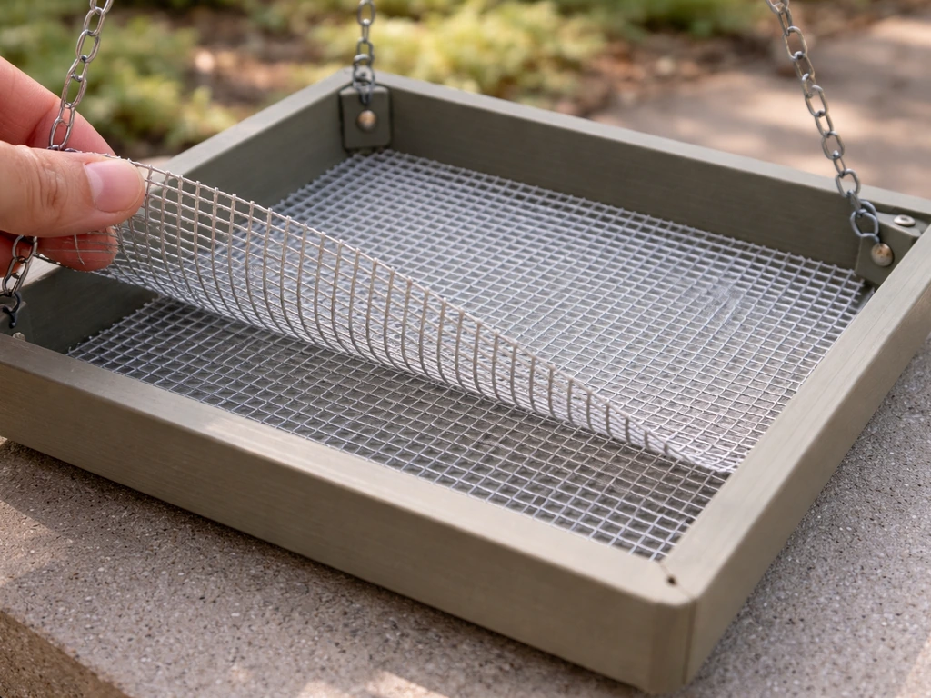 Close-up of a seed catcher tray lined with coarse mesh hardware cloth on a work surface.