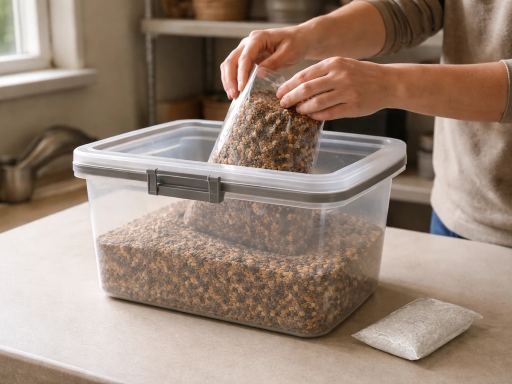 Close view of hands loading bird seed into an airtight bin in a dry storage area.