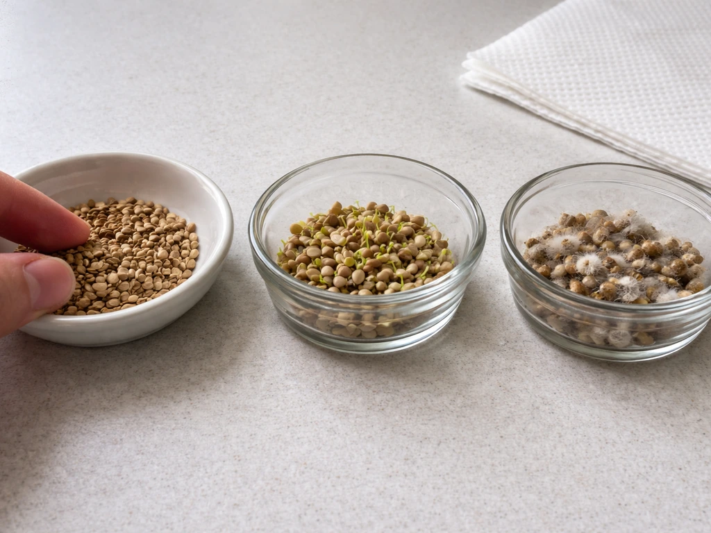 Three dishes showing clumped, sprouting, and moldy wet seeds on a clean countertop