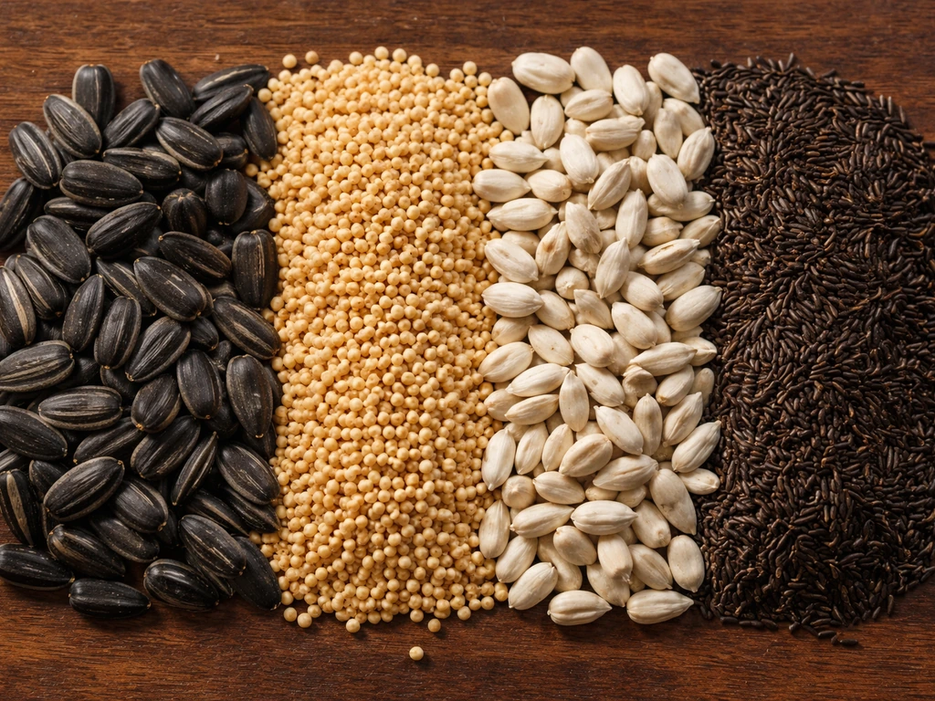 Close-up of sunflower, millet, safflower, and nyjer seeds laid side-by-side for identification.