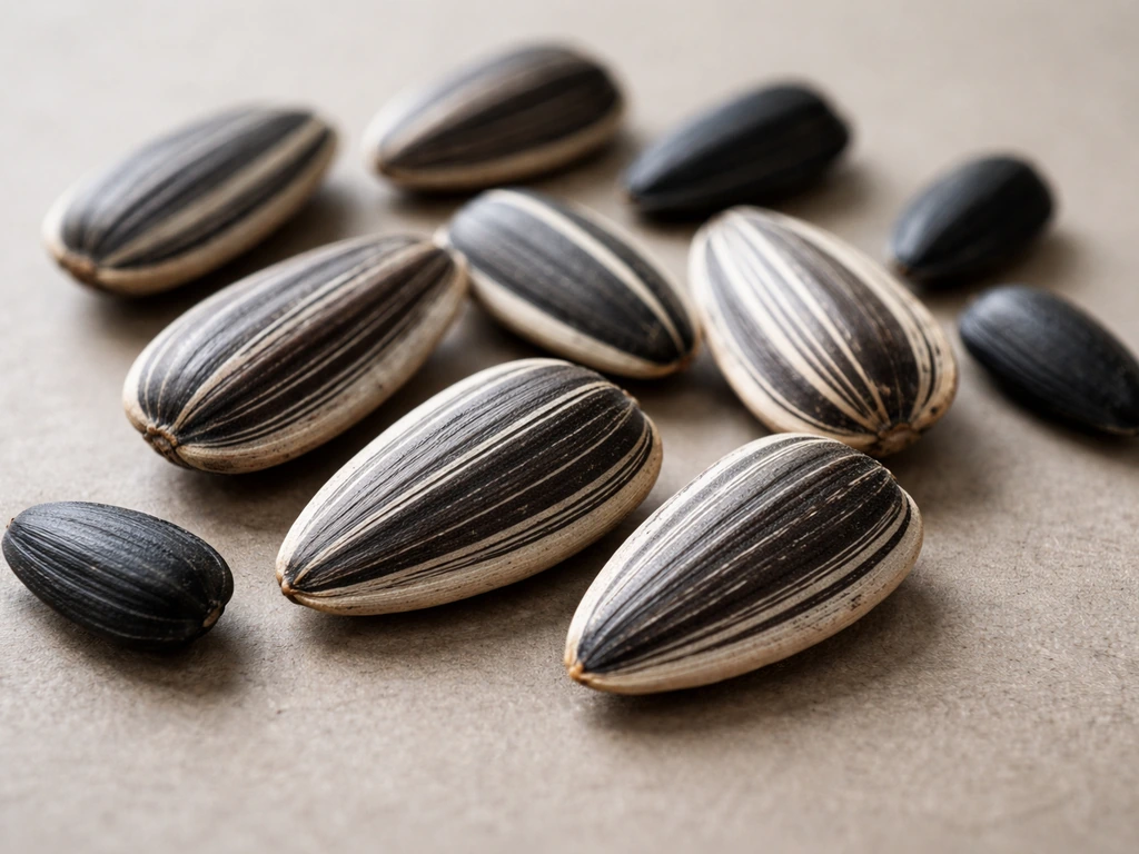 Macro view of striped sunflower seed kernels with tough black-and-white striped shells, with a few black-oil seeds nearb