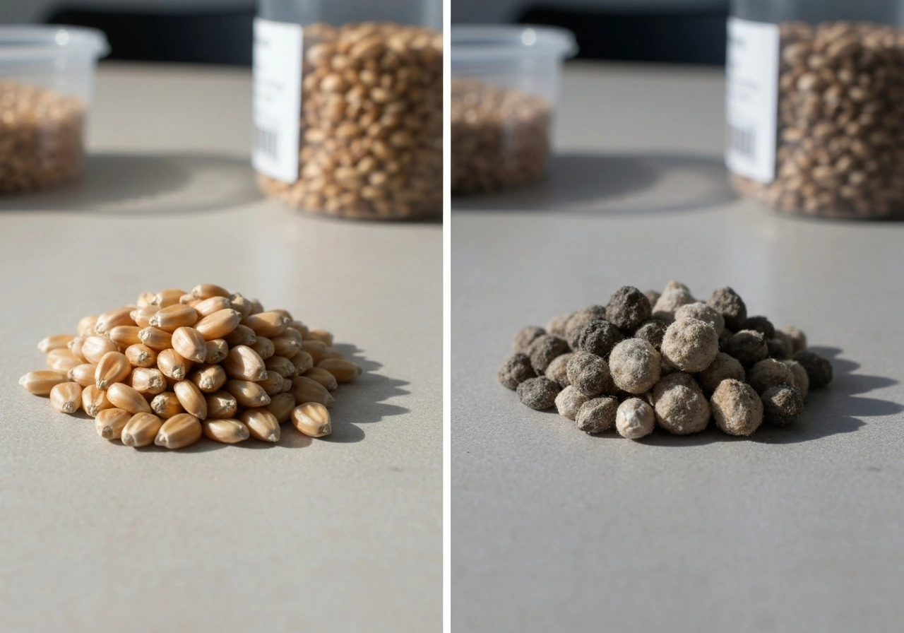 Two small piles of bird seed: fresh dry kernels vs stale clumped, musty-looking seeds indicating mold risk.