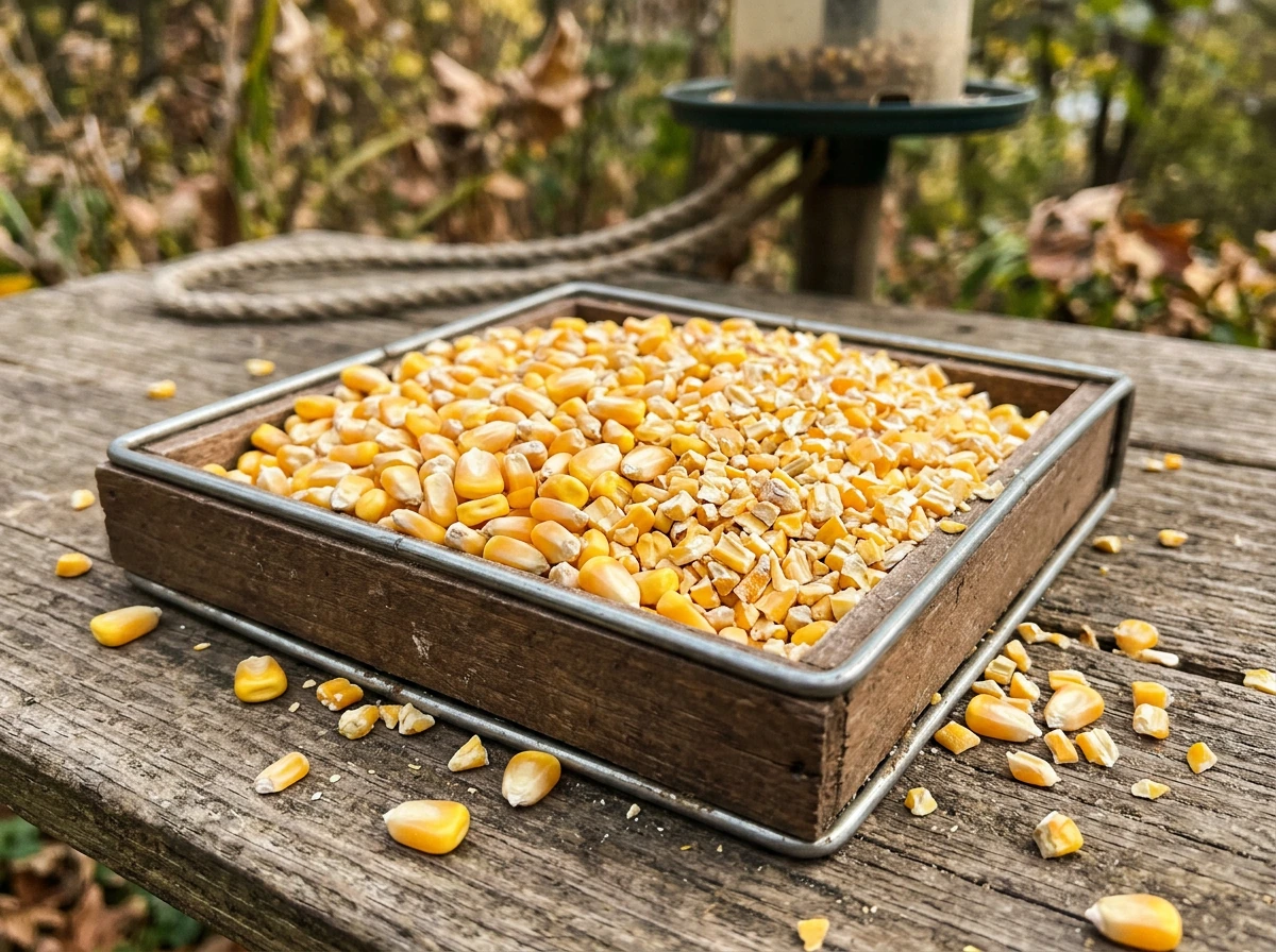 Whole corn and cracked corn in and near a feeder tray to show crow preferences.