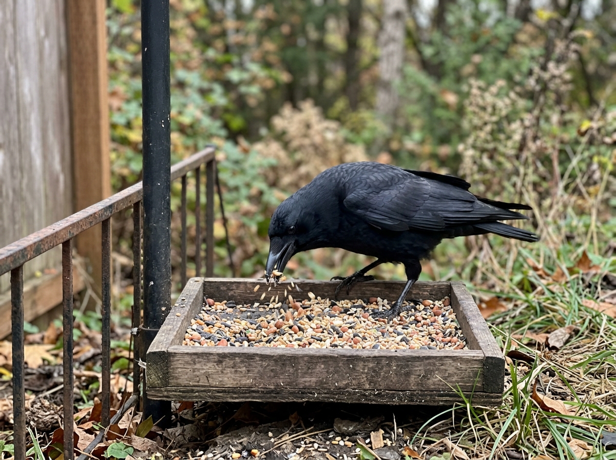 Crow feeding at a platform feeder, emphasizing size and heavy straight bill.