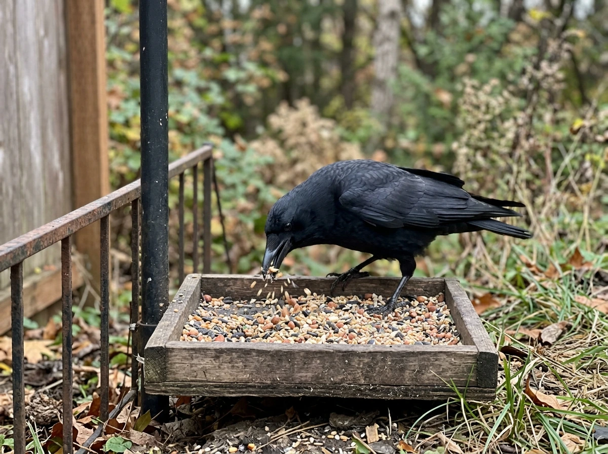Crow feeding at a platform feeder, emphasizing size and heavy straight bill.