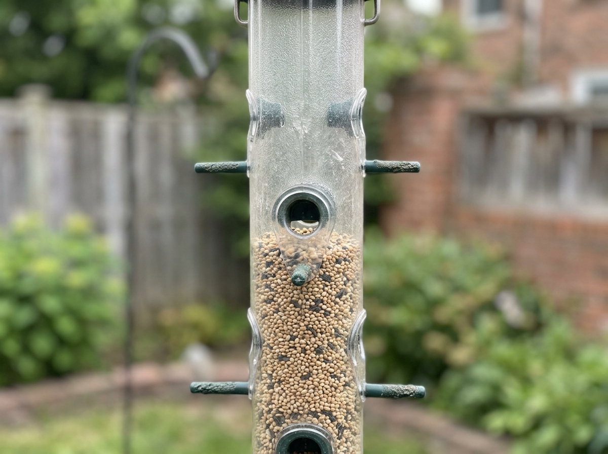 Crow-proof feeder design with narrow ports and limited perching space.