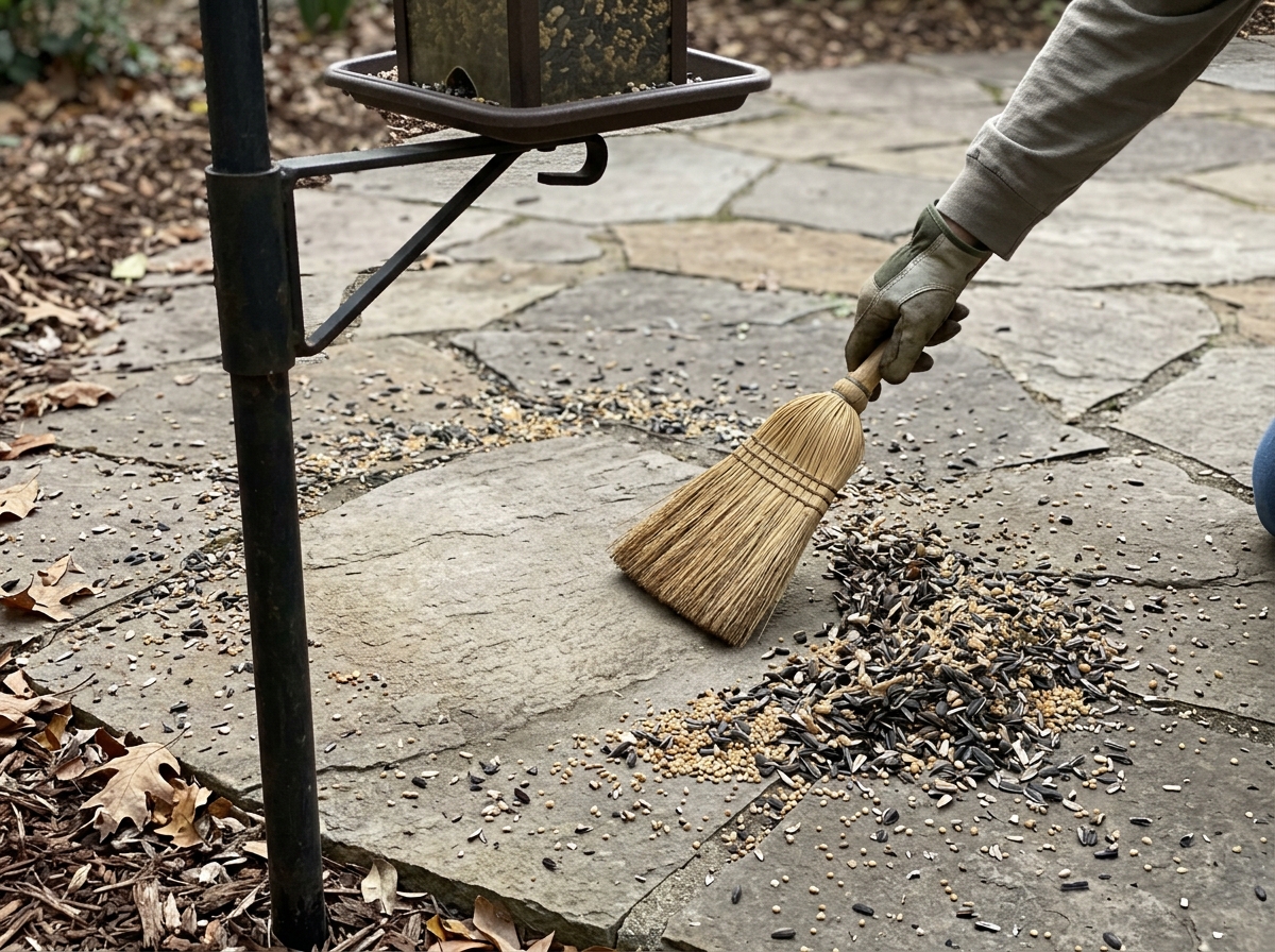 Sweeping fallen seed and hulls from beneath a bird feeder for daily cleanup.