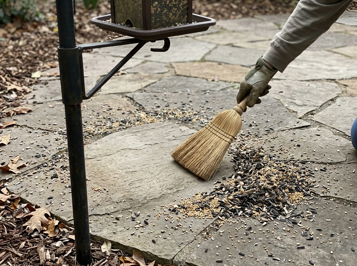 Sweeping fallen seed and hulls from beneath a bird feeder for daily cleanup.