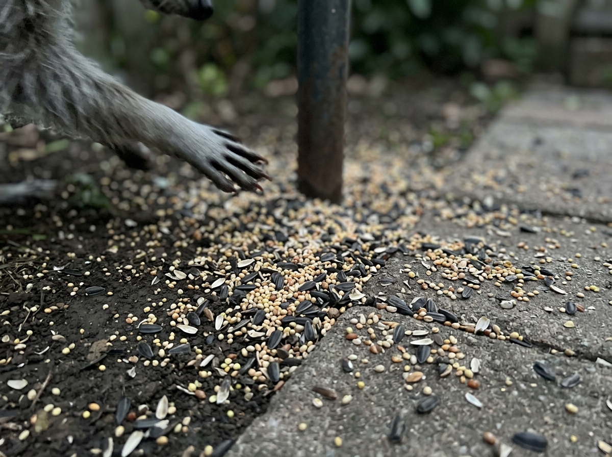 Spilled bird seed on the ground beneath a feeder attracting raccoons