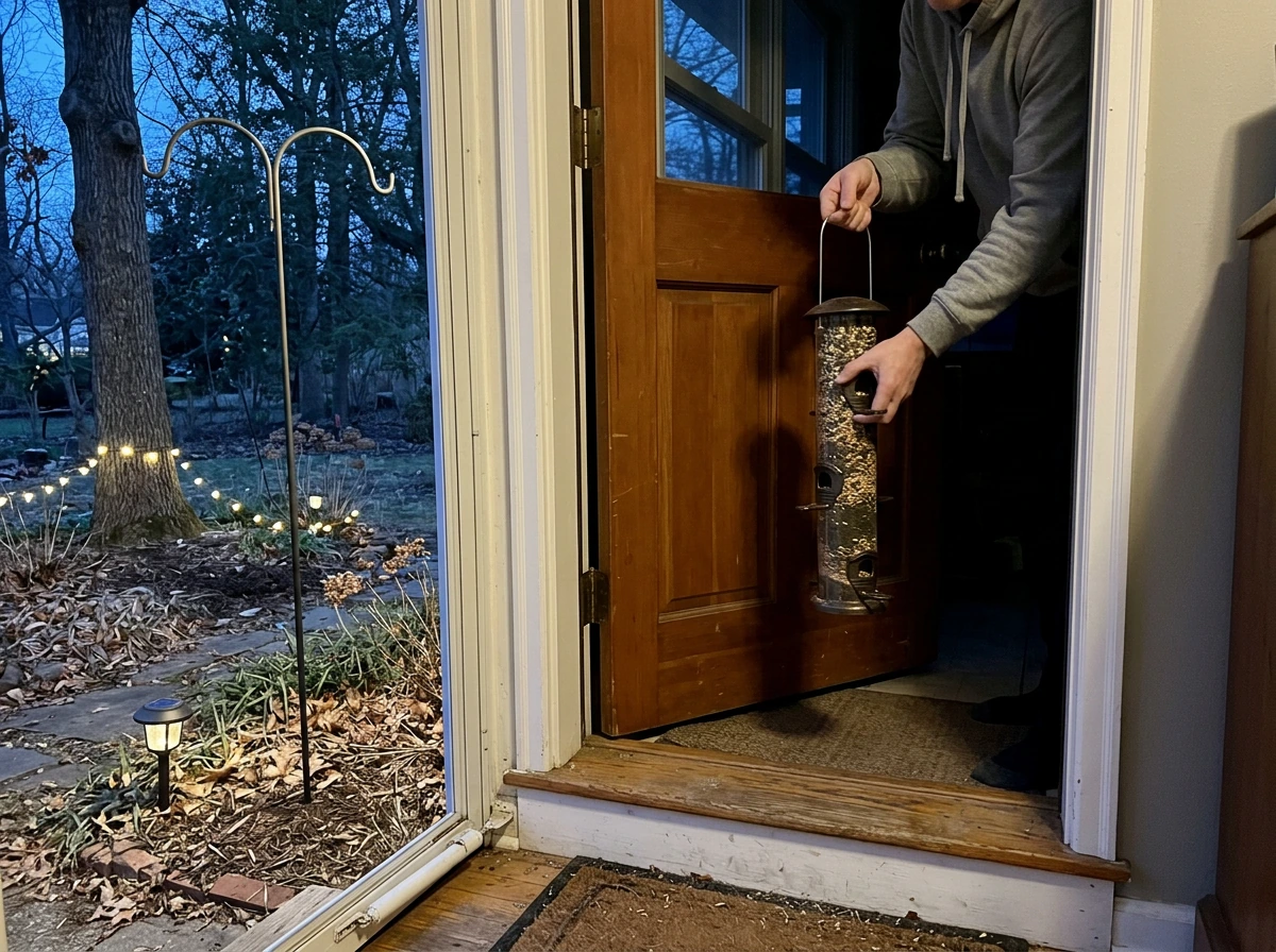 Bringing an outdoor bird feeder inside at dusk
