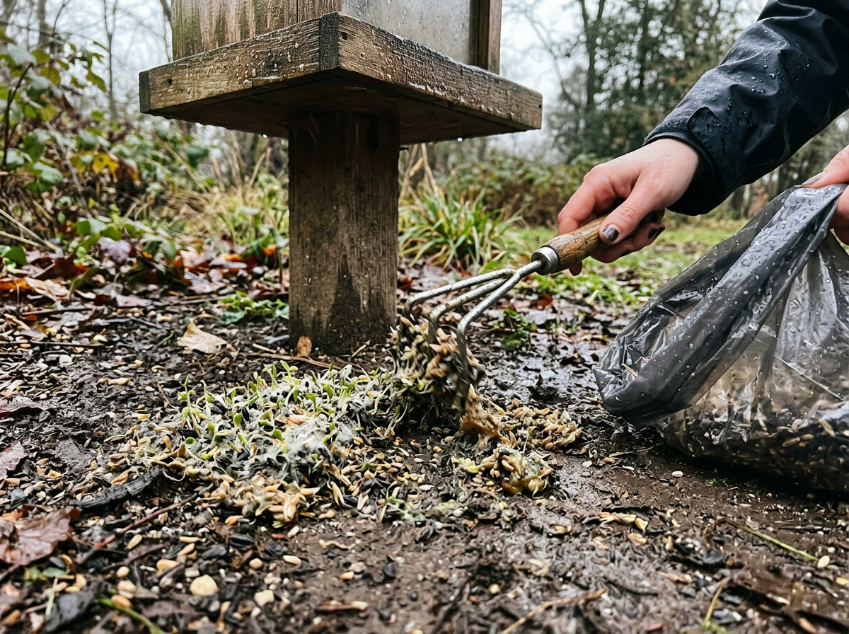 Raking up wet or moldy bird seed under a feeder