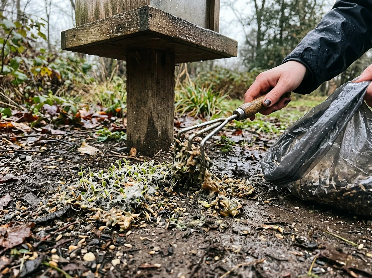 Raking up wet or moldy bird seed under a feeder